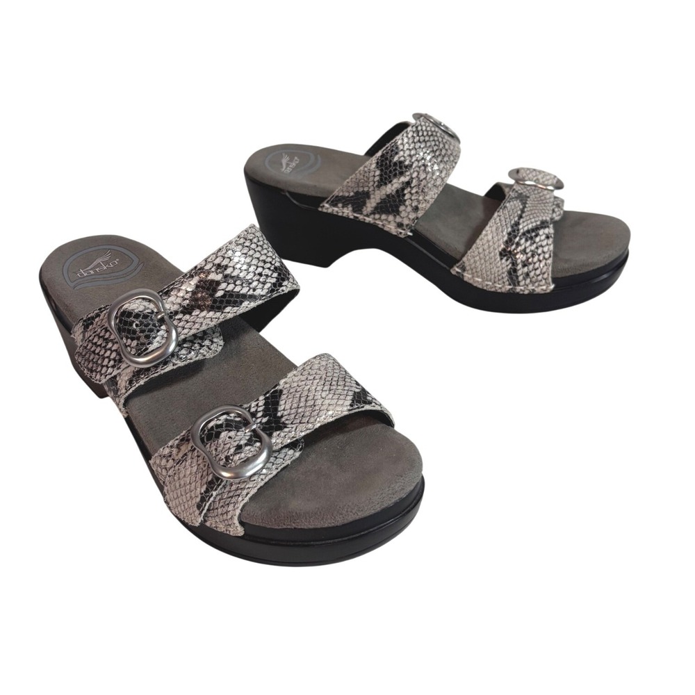 Dansko Snakeskin Print Leather Slide Sandals Wedge Buckle Grey Black 37 US 6.5